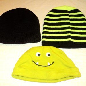 Lot of 3 Baby Boy Knit Hats Lime Green & Black Carter's 9 mos, Healthtex One Si